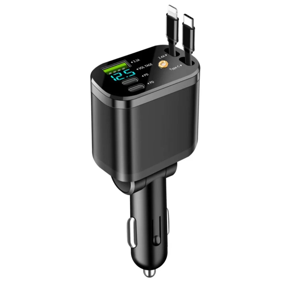 5-in-1 Retractable Car Charger - 66W Fast Charging with Built-in Cables & Voltage Display