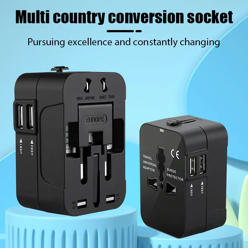 Universal Travel Adapter - All-in-One International Power Plug with USB Ports & Safety Lock