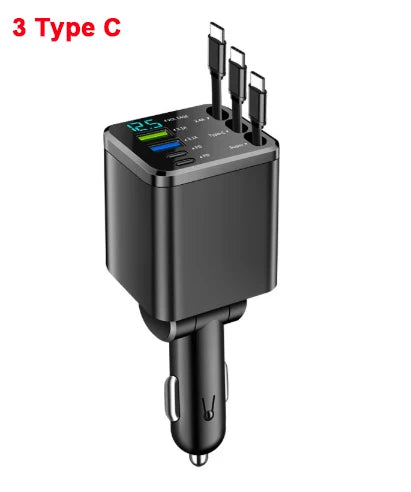 5-in-1 Retractable Car Charger - 66W Fast Charging with Built-in Cables & Voltage Display