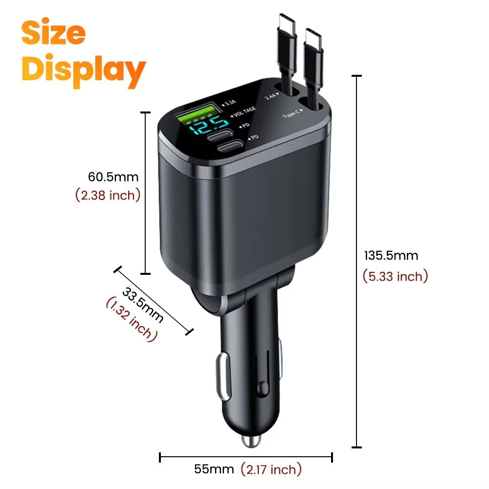 5-in-1 Retractable Car Charger - 66W Fast Charging with Built-in Cables & Voltage Display