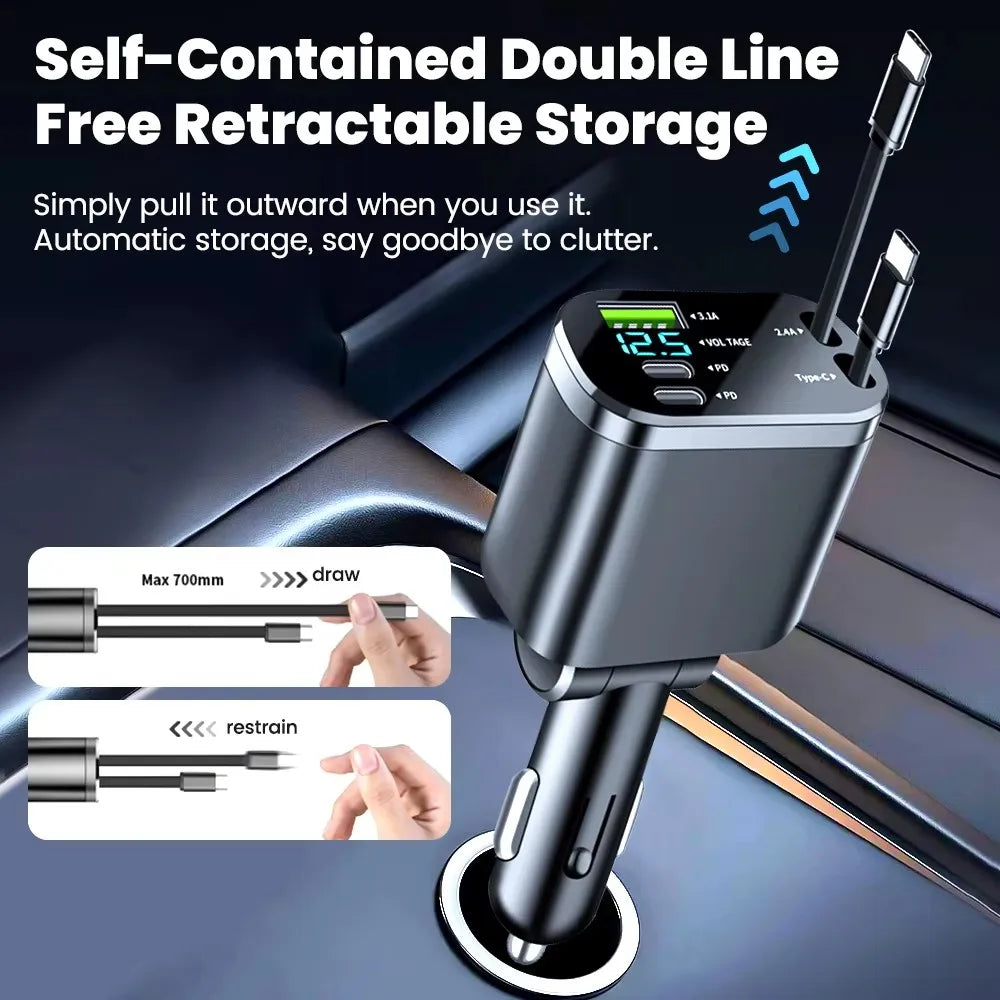 5-in-1 Retractable Car Charger - 66W Fast Charging with Built-in Cables & Voltage Display