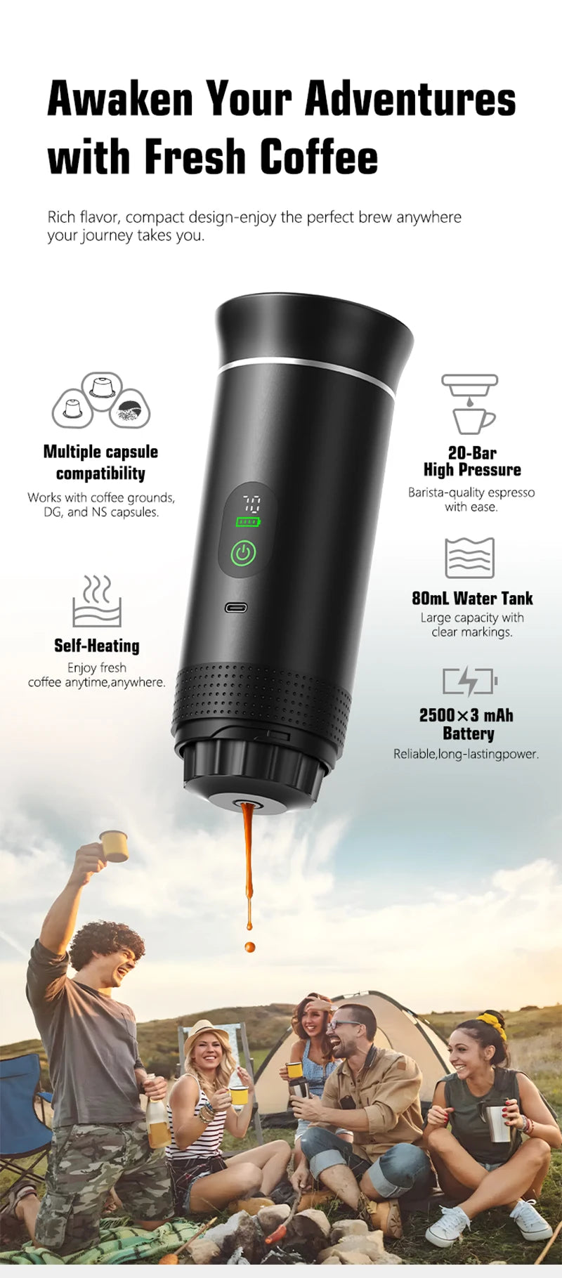 Foombthe Portable Espresso Coffee Machine With Digital Display 3-in-1 Capsule Coffee Maker for Car & Home Camping Coffee Maker