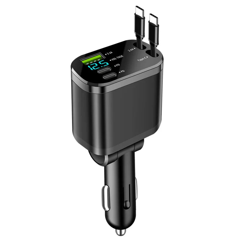 5-in-1 Retractable Car Charger - 66W Fast Charging with Built-in Cables & Voltage Display