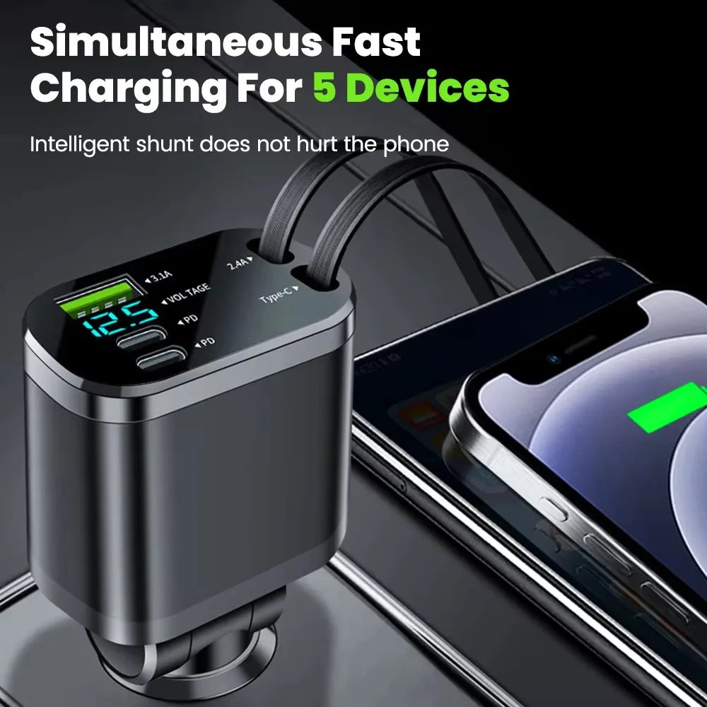 5-in-1 Retractable Car Charger - 66W Fast Charging with Built-in Cables & Voltage Display