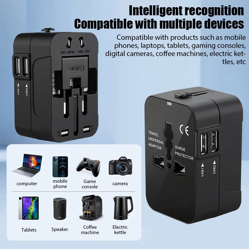 Universal Travel Adapter - All-in-One International Power Plug with USB Ports & Safety Lock