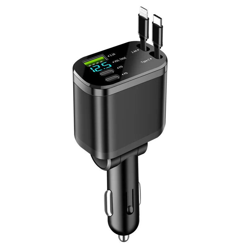 5-in-1 Retractable Car Charger - 66W Fast Charging with Built-in Cables & Voltage Display