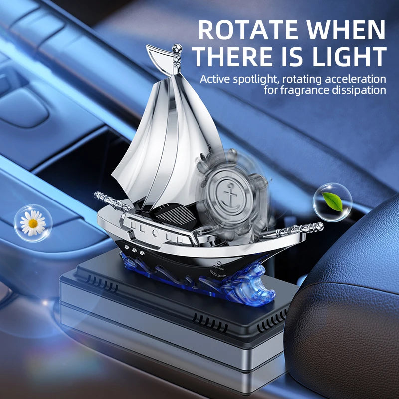 Solar Rotating Car Air Freshener - Boat Shape Dashboard Ornament with Auto Fragrance Diffuser