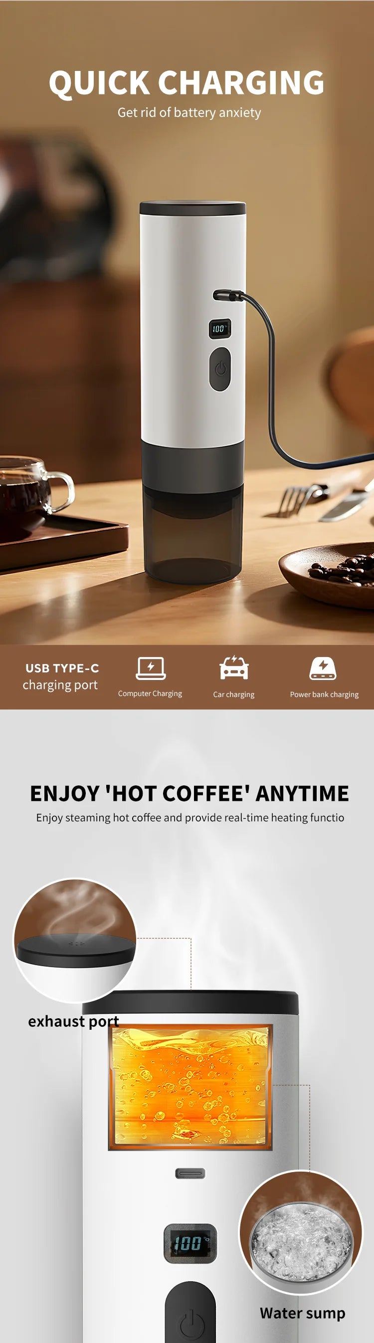 Portable electric coffee machine, capsule coffee maker with wireless heating function, suitable for cars and home camping