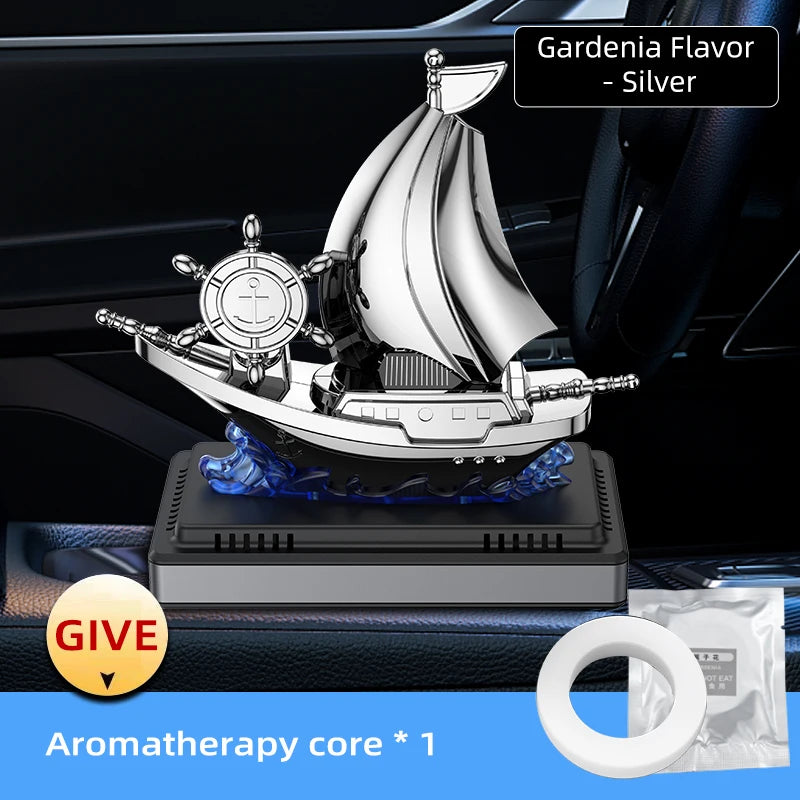 Solar Rotating Car Air Freshener - Boat Shape Dashboard Ornament with Auto Fragrance Diffuser