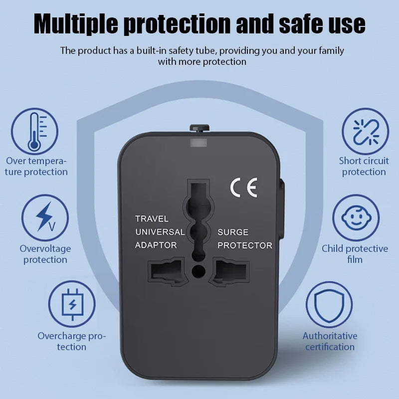 Universal Travel Adapter - All-in-One International Power Plug with USB Ports & Safety Lock