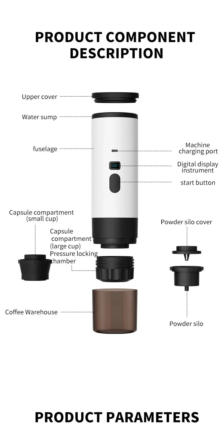 Portable electric coffee machine, capsule coffee maker with wireless heating function, suitable for cars and home camping