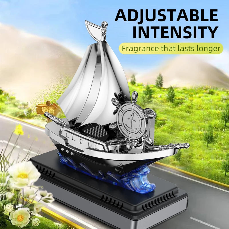 Solar Rotating Car Air Freshener - Boat Shape Dashboard Ornament with Auto Fragrance Diffuser